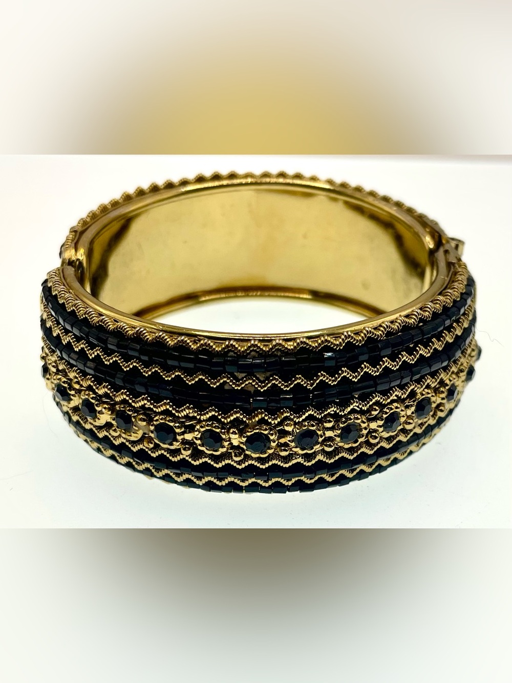 Vintage 1990s Gold Tone Black Rhinestone Clamper Bracelet Statement Cuff